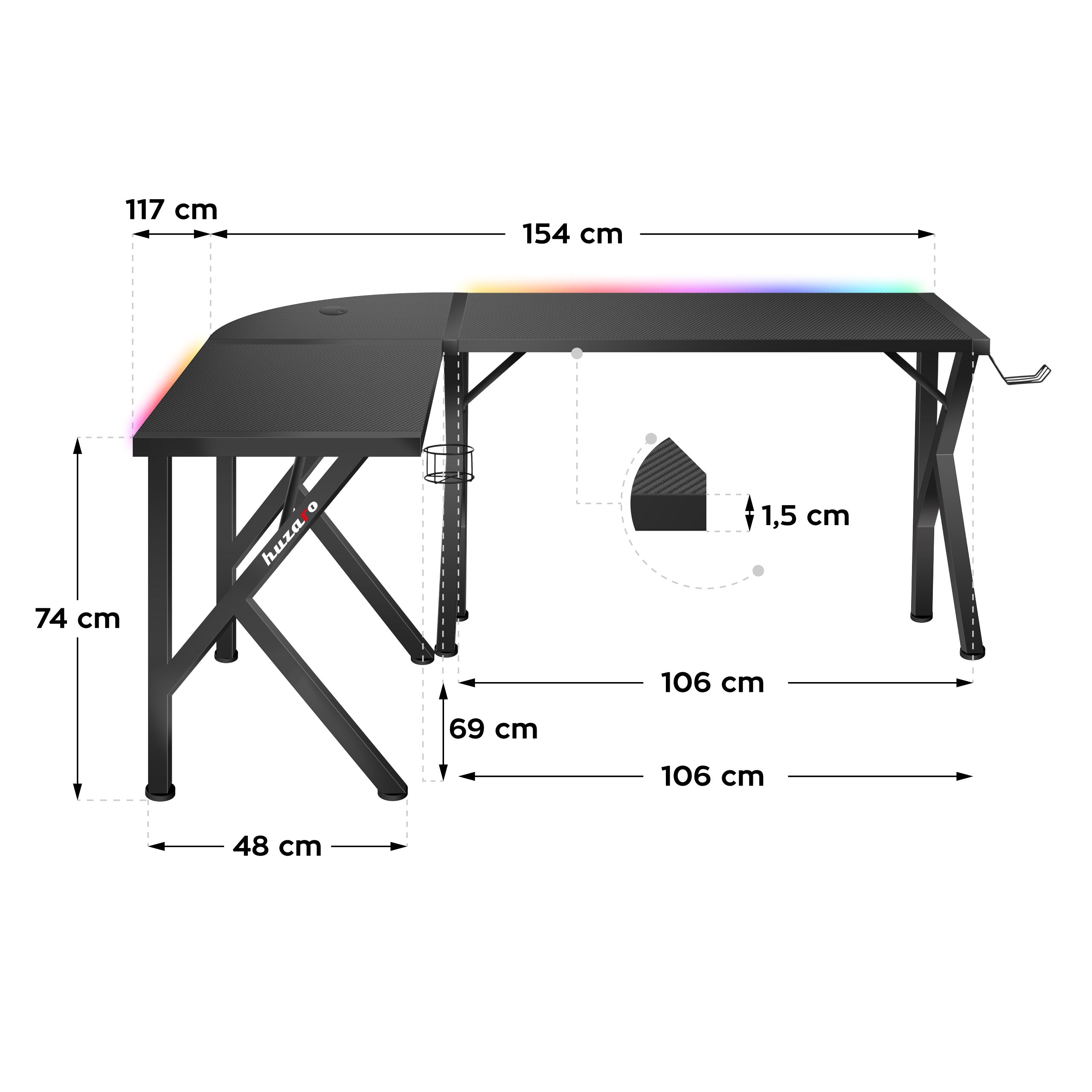 Herní rohový stůl Huzaro Hero 6.3 RGB Black 154 cm