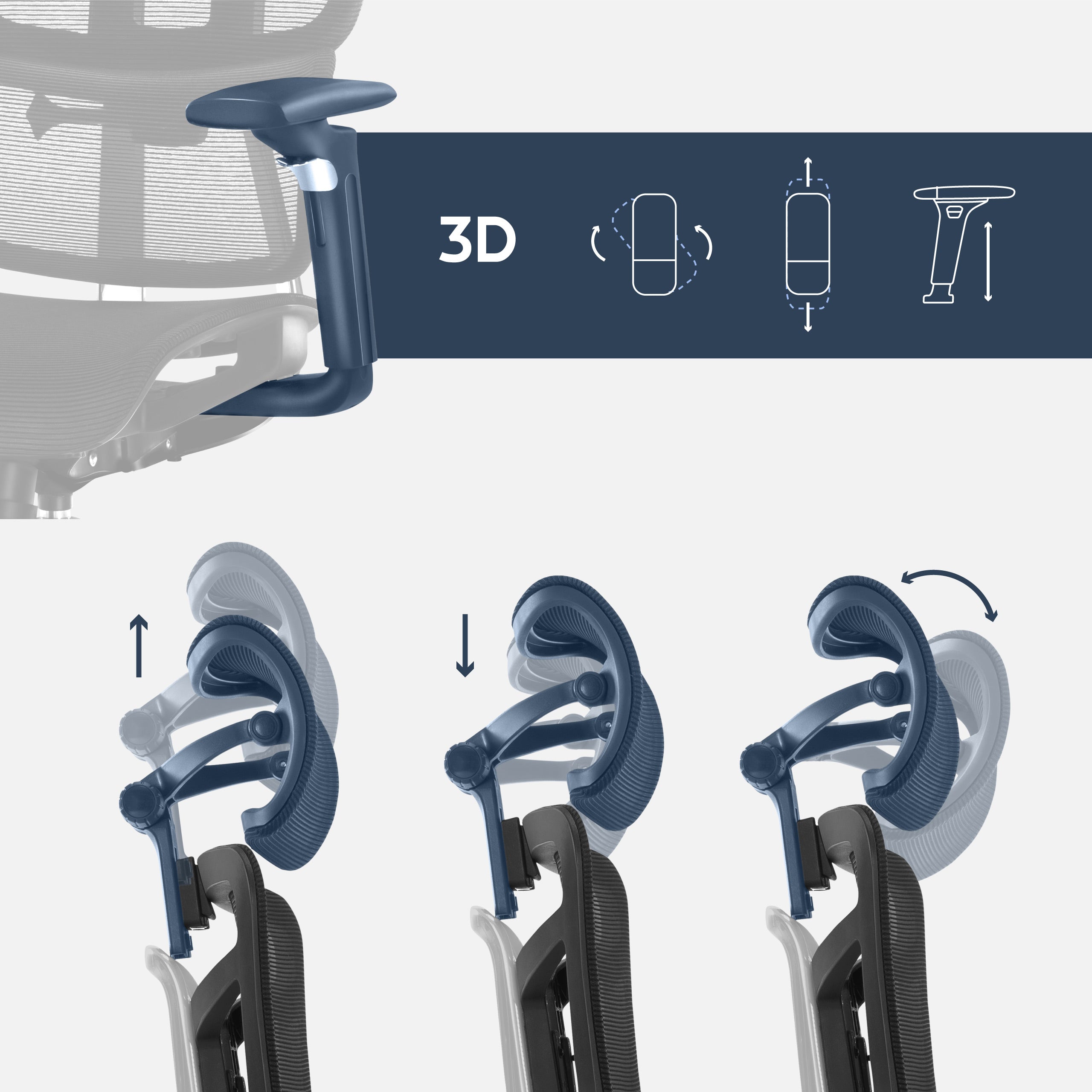 Verstellbare Armlehnen und 3D-verstellbare Kopfstütze
