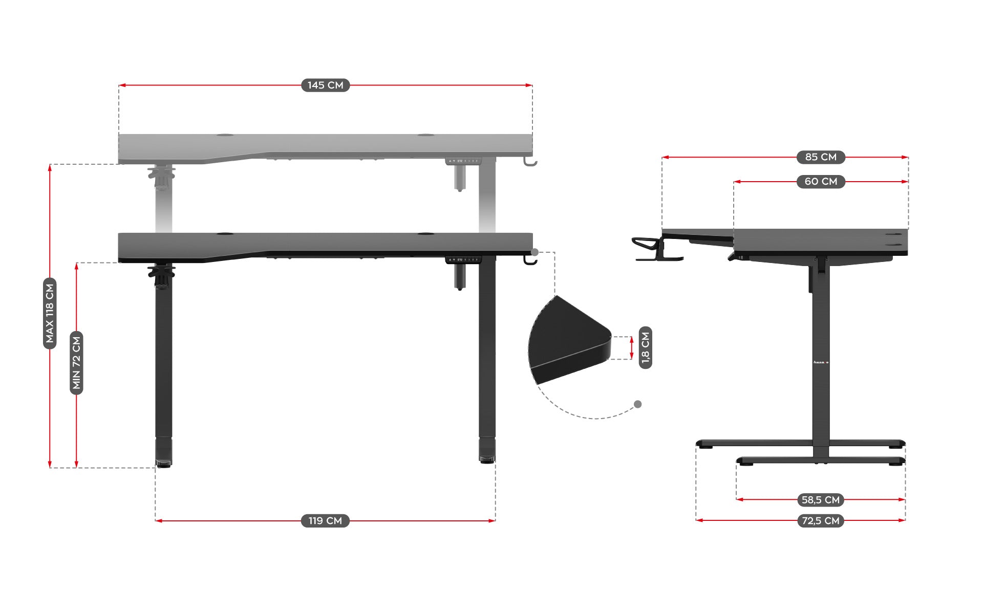 Elektrický rohový stůl Huzaro Hero 9.1 Black 145 cm