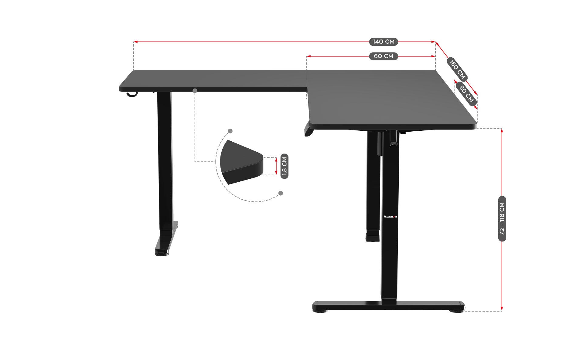 Elektrický rohový stůl Huzaro Hero 9.5 Black 160 cm
