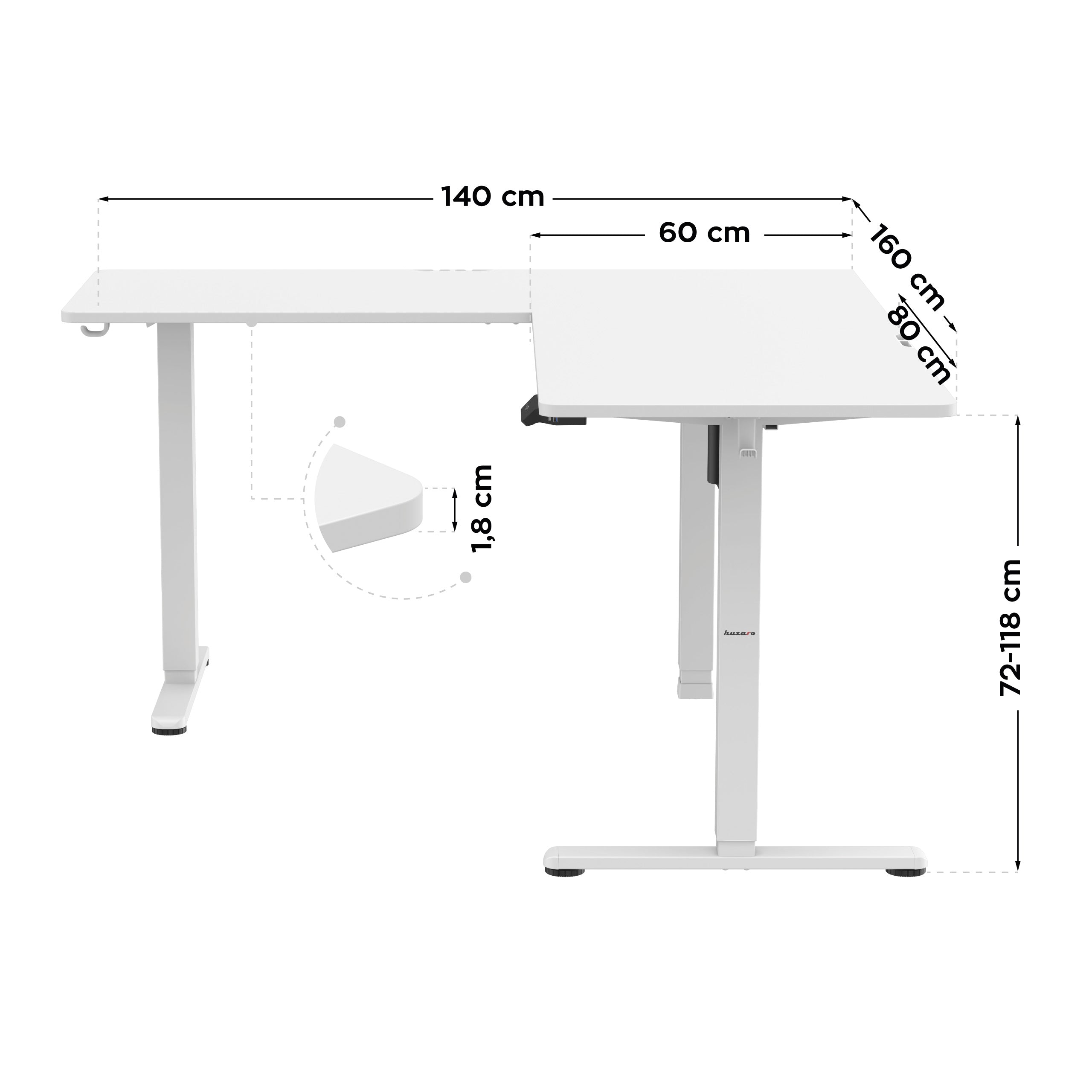 Elektrický rohový stůl Huzaro Hero 9.5 White 160 cm