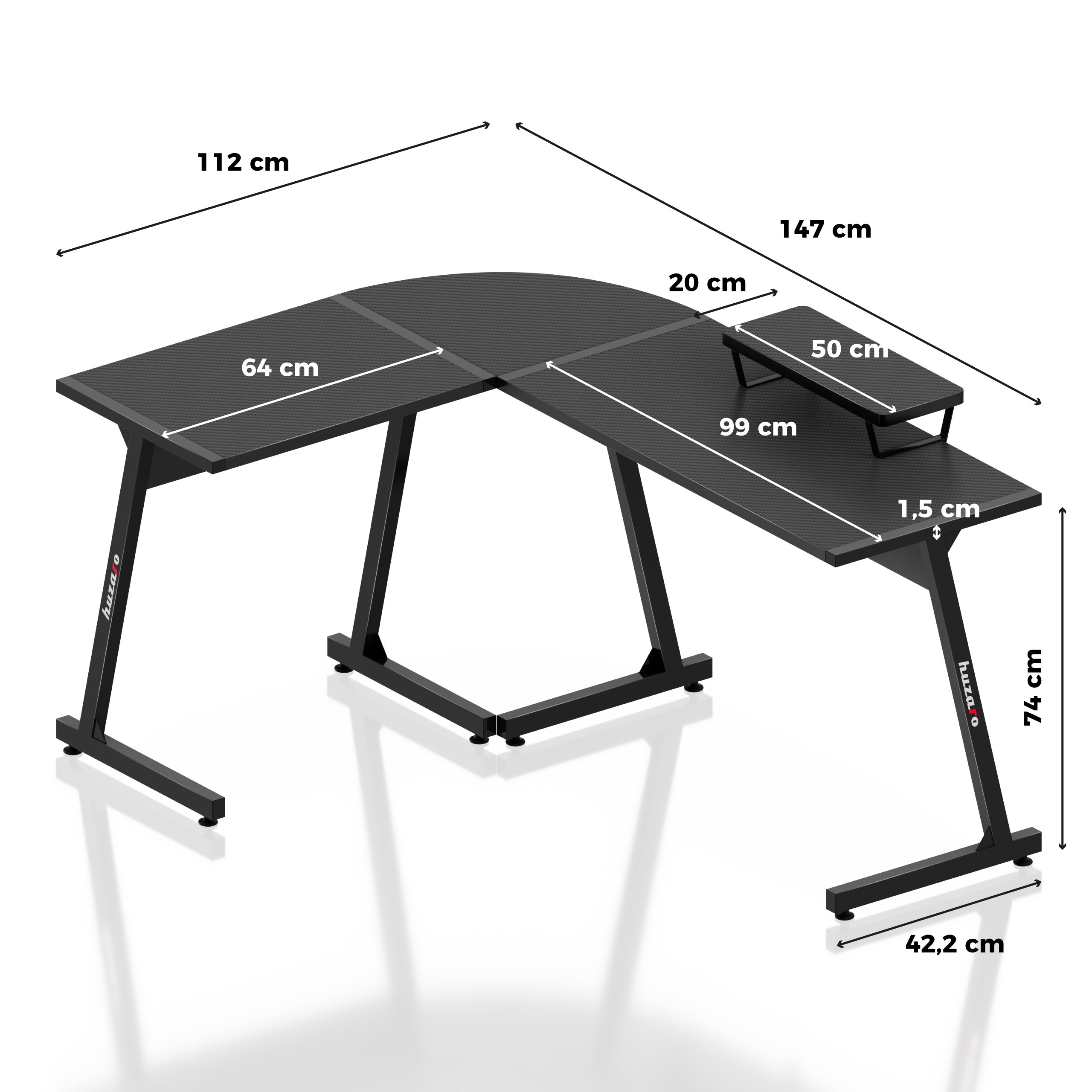 Herní rohový stůl Huzaro Hero 6.0 Black 147 cm