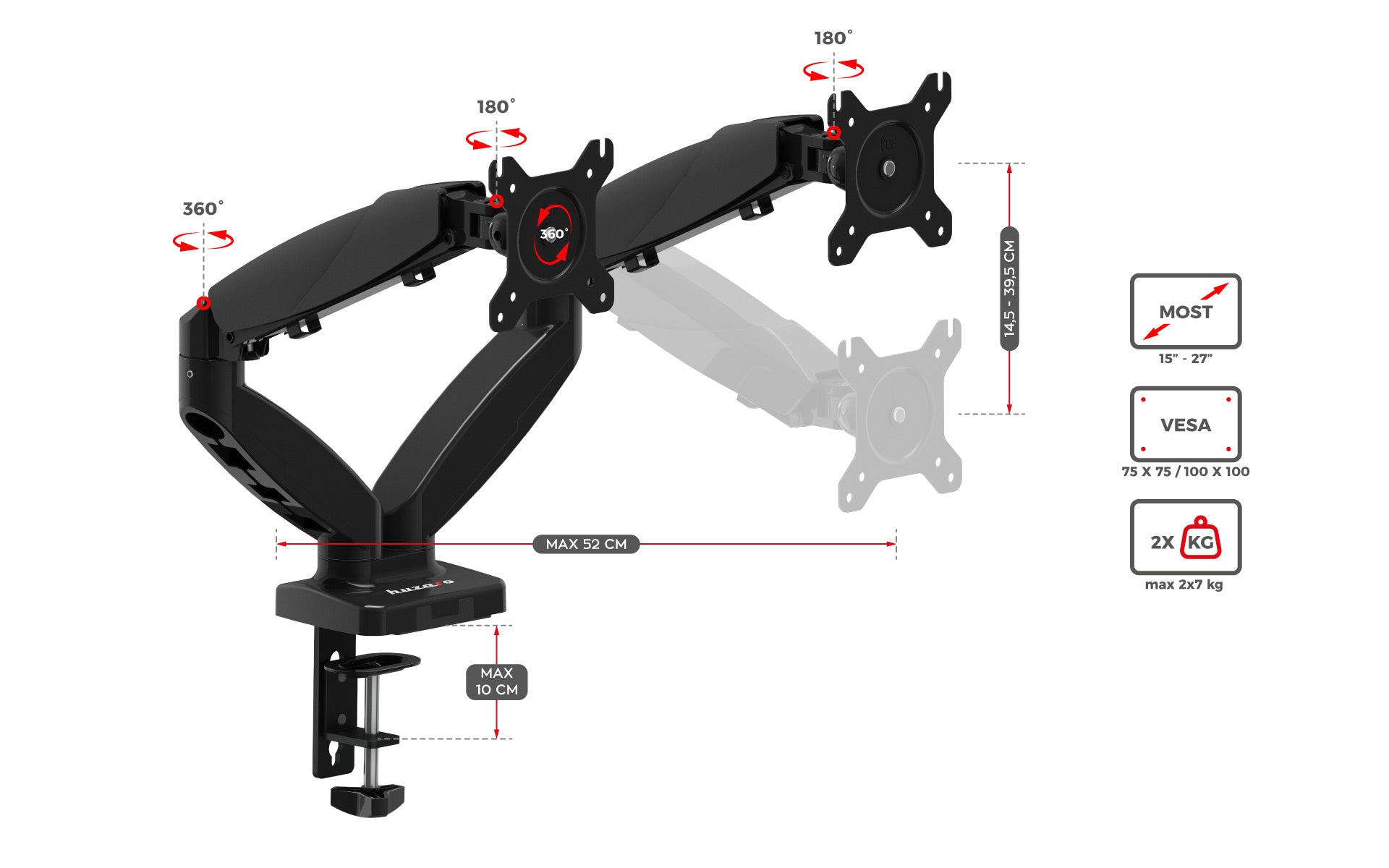 Otočný držák Huzaro Motion 2.2 pro dva monitory
