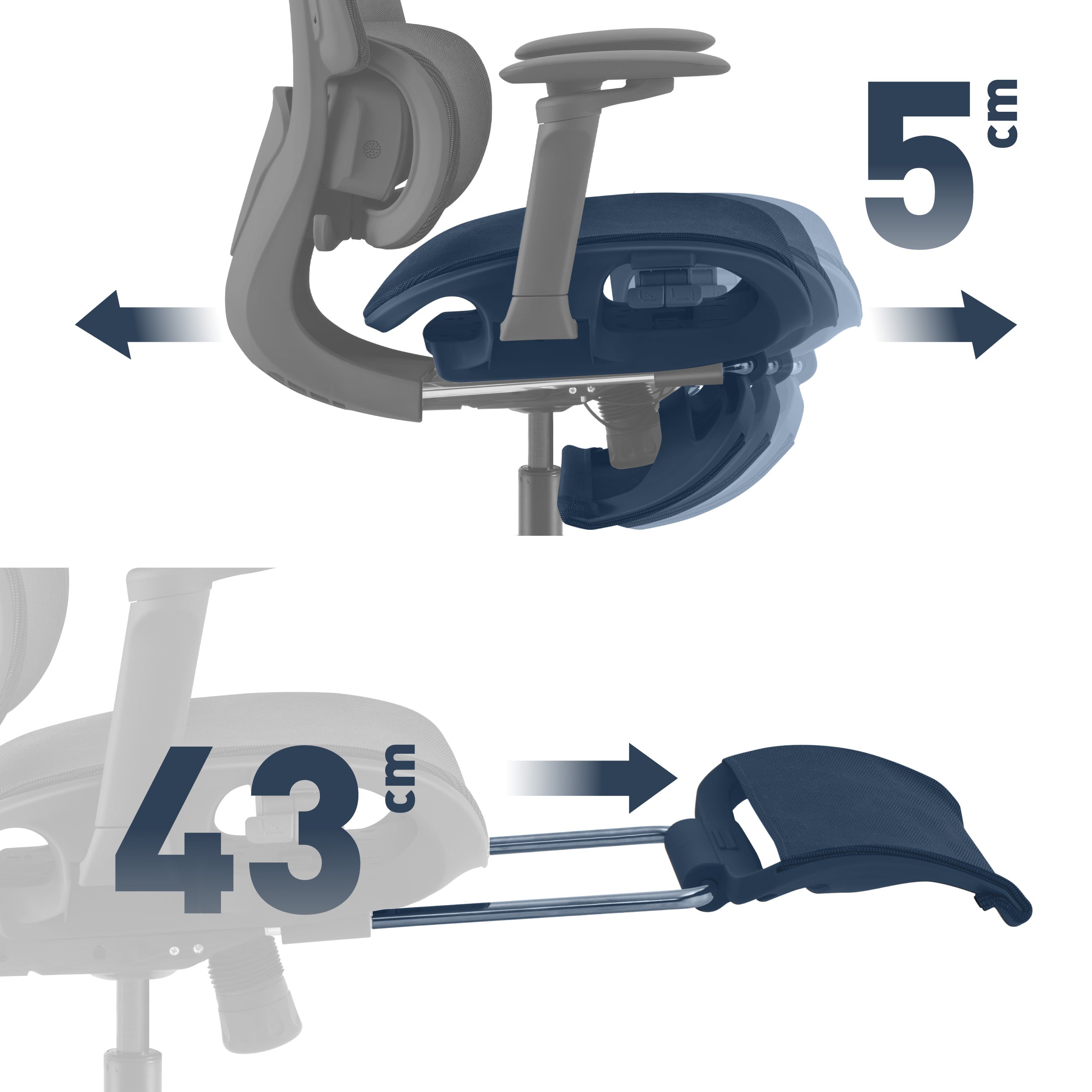 Ausziehbare Fußstütze und verstellbarer Sitz