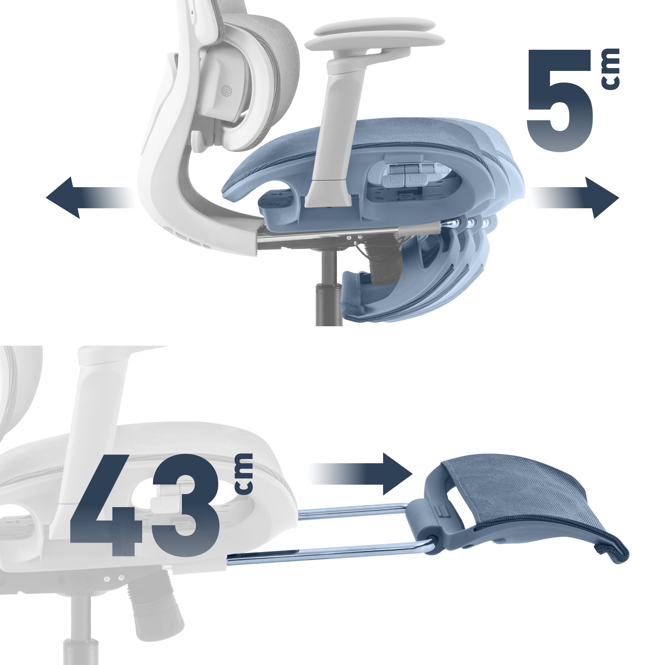 Ausziehbare Fußstütze und verstellbarer Sitz